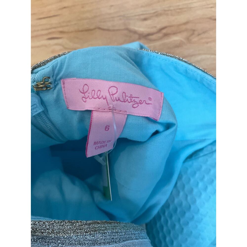 Lilly Pulitzer Kenzie Dress Size 6 Resort Aqua Gold Beaded V-Neck Mini - Picture 6 of 8